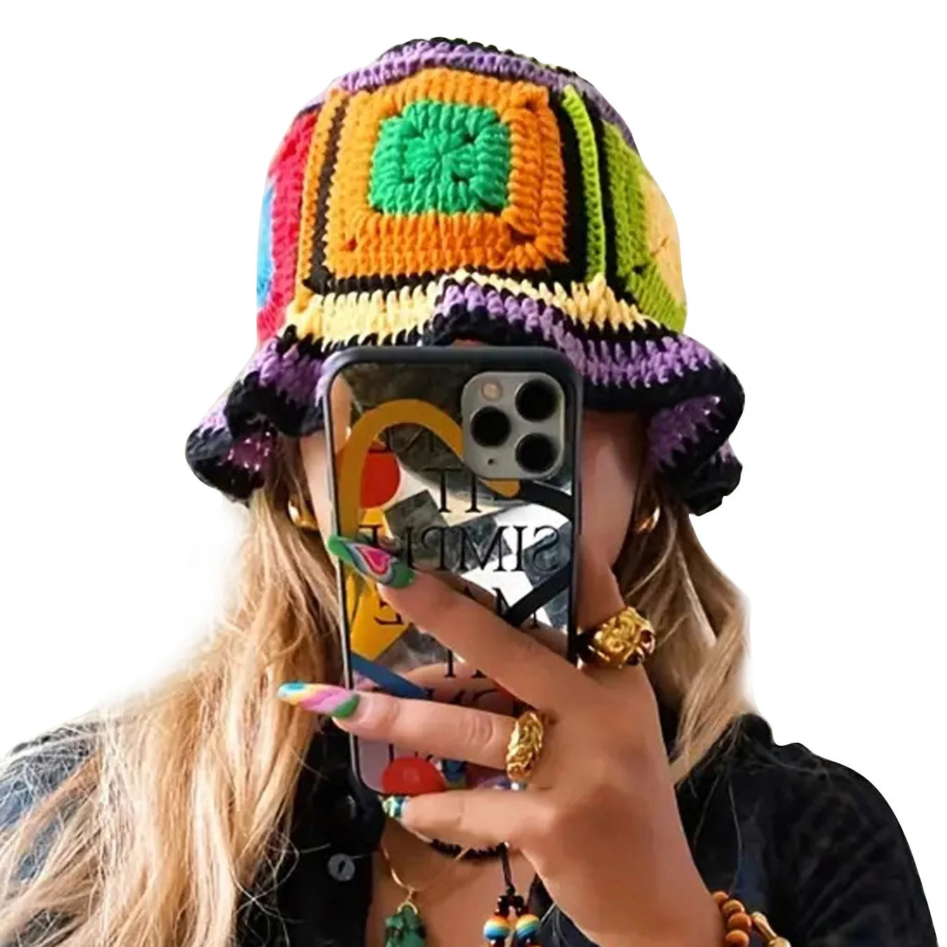Purple-Edged Zuma Hat, Hand-Knitted Colorful Patchwork Crochet Bucket Hat