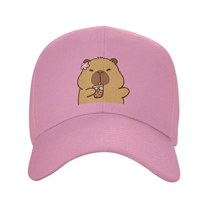 Cartoon Capybara Drinking Milk Tea Baseball Caps