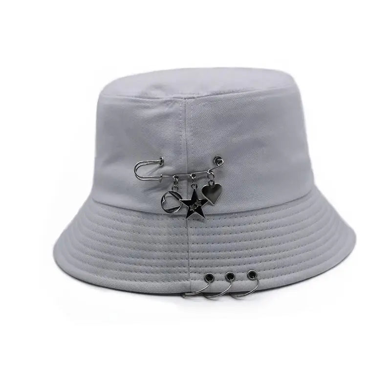 Bucket Hat Women Men Unisex Folding Fisherman Hat Black Metal Ring Flat Top Hip Hop Hats
