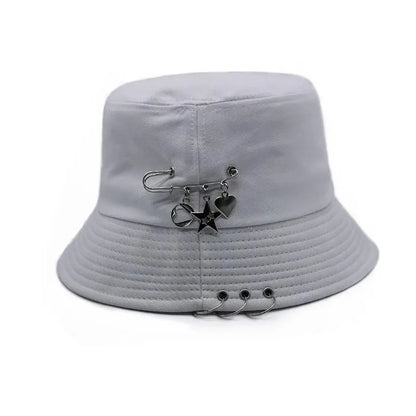 Bucket Hat Women Men Unisex Folding Fisherman Hat Black Metal Ring Flat Top Hip Hop Hats