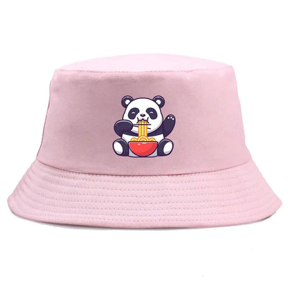 Panda Eating Noodles Pattern Reversible Bucket Hat