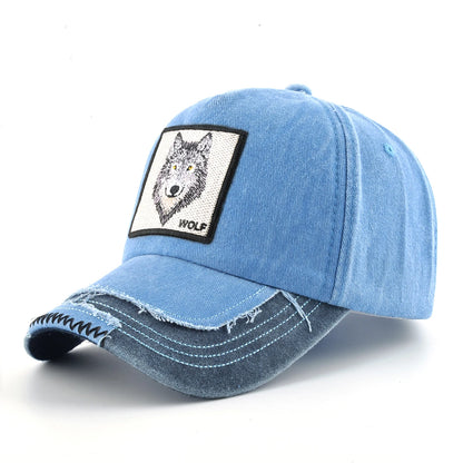 Vintage Denim Baseball Cap With Embroidery Wolf Patch Men Women