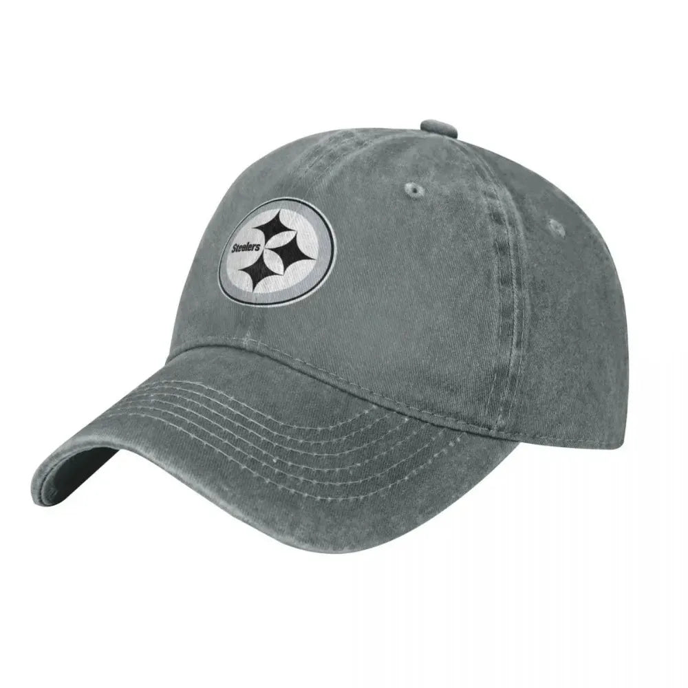 Black and White Steeler Logo Baseball Caps Vintage Denim Washed Headwear