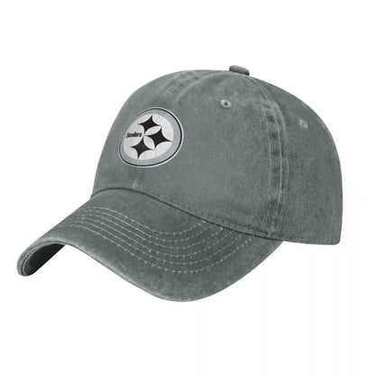 Black and White Steeler Logo Baseball Caps Vintage Denim Washed Headwear