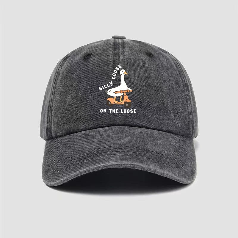 Skateboarding Duck Print Washed Baseball Cap