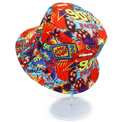 90s POP Print Letter Red Bucket Hat Fisherman Hats Panama Cap For Men Women