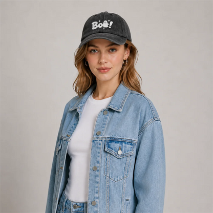 Vintage Washed Boo Ghost Quote Graphic Baseball Cap