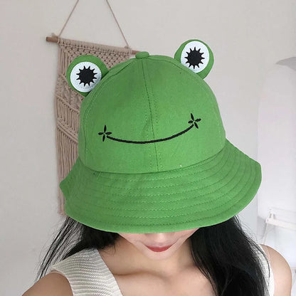 Cute Anti-Fog Frog Women Sun Protective Embroidery Fisherman's Hat Bucket Cap