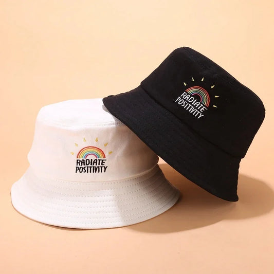 Unisex Foldable Embroidered Bucket Hat Rainbow Print Outdoor Sunscreen Cap Fisherman Hats For Women Bucket Hat