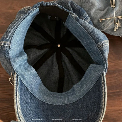 Spring and Summer Big Head Flash Diamond Star Pin Denim Beret Hat