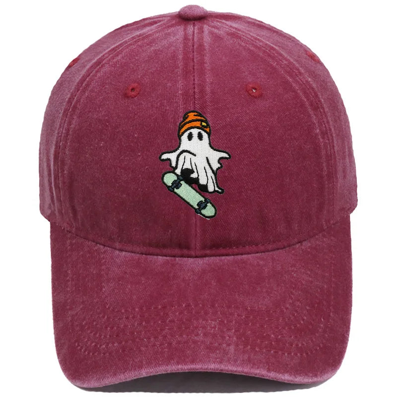 Vintage Washed Cool Skateboarding Ghost Embroidery Baseball Cap