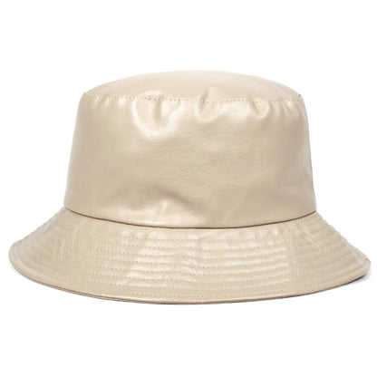 Unisex Solid Color Label Personality Pu Leather Bucket Hats Fishermen Caps