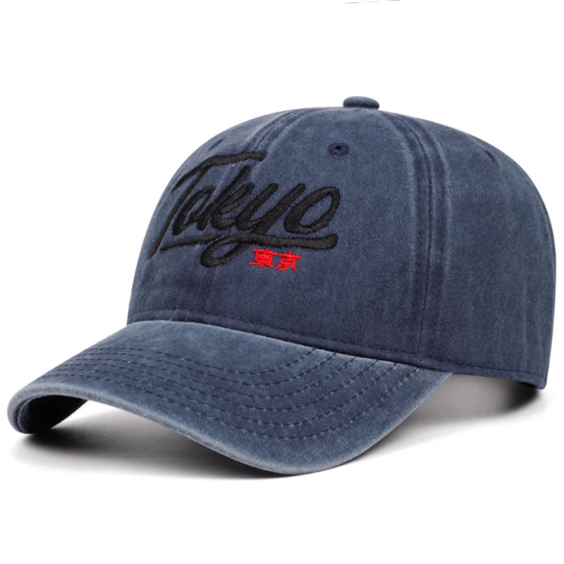 Tokyo Letter Embroidery Washed Soft Top Cowboy Baseball Cap Men Women