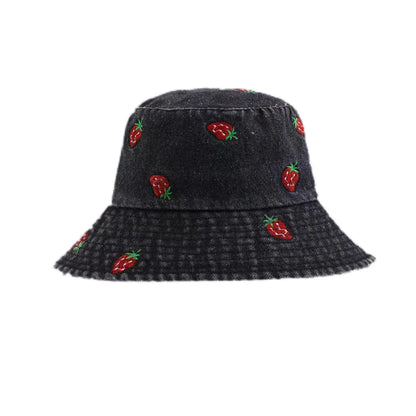 Spring Summer Strawberry Embroidery Denim Jeans Bucket Hat For Men Women