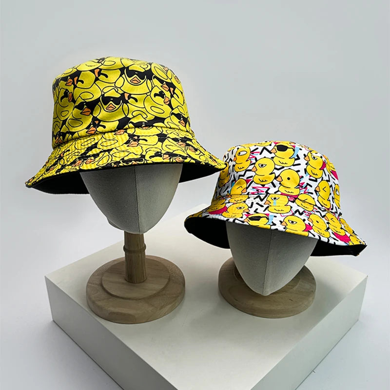 Print Yellow Duck Bucket Hats Sunshade Double Sided Wearable New Unisex Fashion