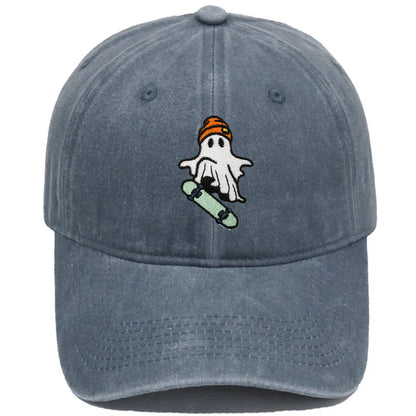 Vintage Washed Cool Skateboarding Ghost Embroidery Baseball Cap