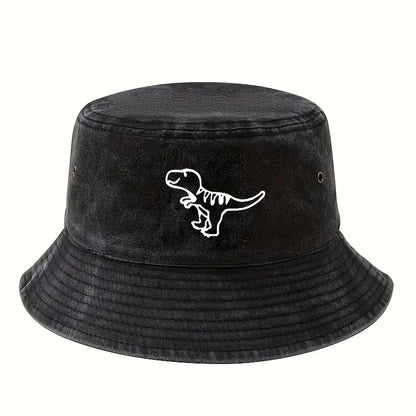 Bucket Hat Retro Washed Hat Flat Top Sunshade Hat Dinosaur Print