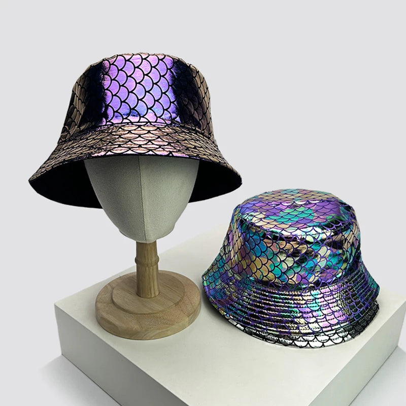 Shiny PU Leather Colorful Bucket Hats Sunshade New Unisex Fisherman Caps