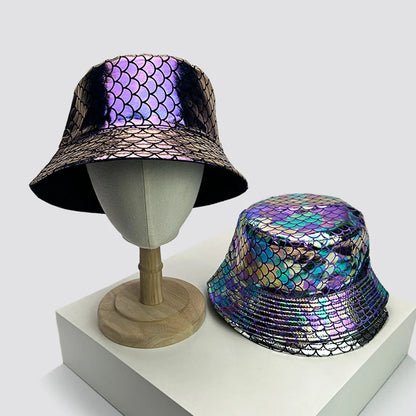 Shiny PU Leather Colorful Bucket Hats Sunshade New Unisex Fisherman Caps