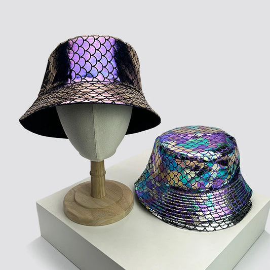 Shiny PU Leather Colorful Bucket Hats Sunshade New Unisex Fisherman Caps