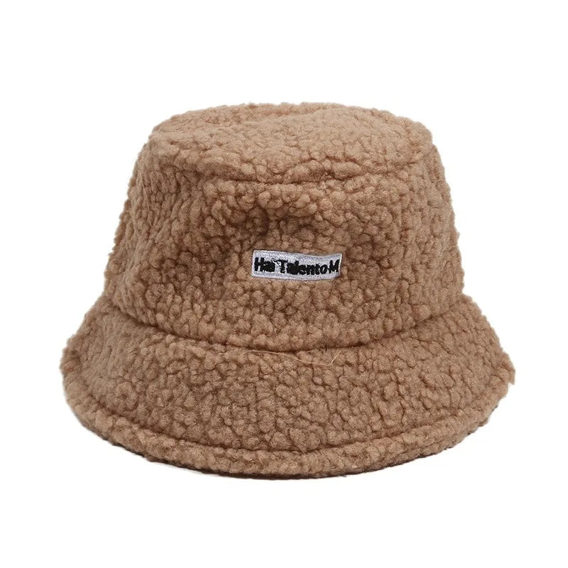 Winter Girl Boy Bucket Hat Cute Lamb Wool Letter Fisherman