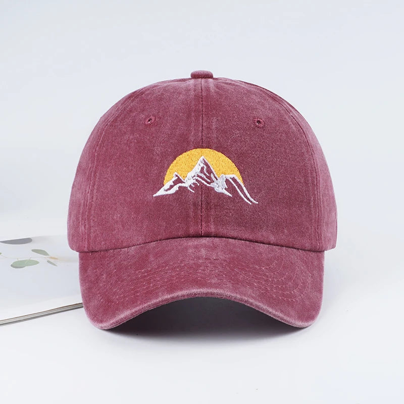Vintage Mountain Sunrise Embroidered Washed Baseball Cap