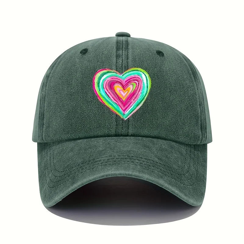 Vintage Baseball Cap With Vibrant Heart-Shaped Print
