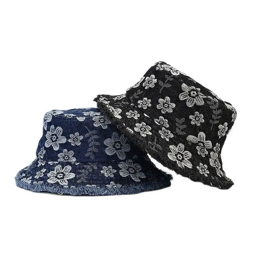 Spring Denim Cartoon Flower Embroidery Bucket Hat