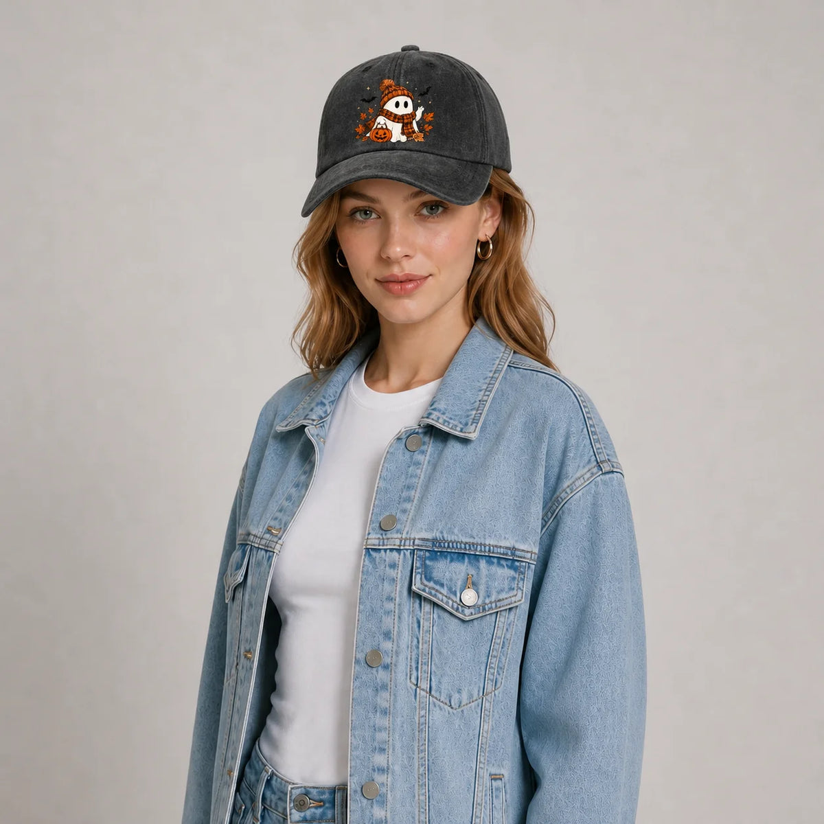 Scarf Ghost And Pumpkin Graphic Baseball Cap