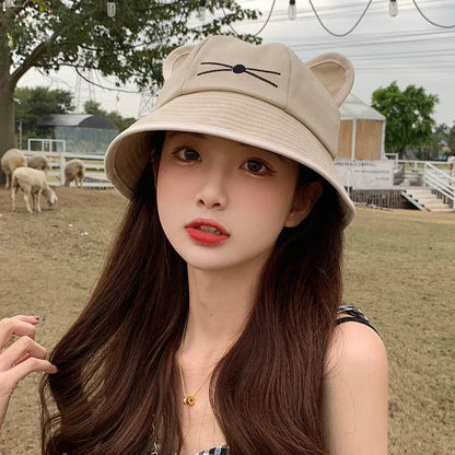 Korean Cartoon Cat Ears Women Bucket Hat