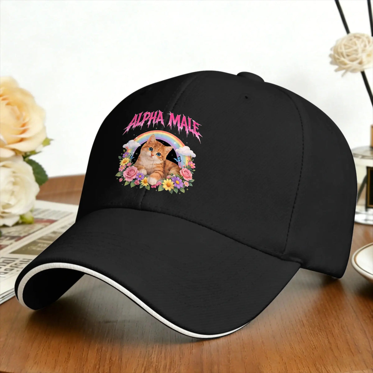 Alpha Male Funny Kitten Rainbow Floral Hilarious Cat Meme Cat Lovers Baseball Cap