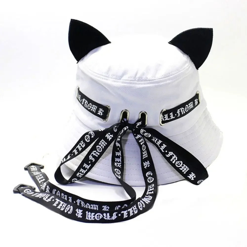 New Cute Cat Ears Bucket Hats Women Streamer Fisherman Hat Casual Panama Outdoor