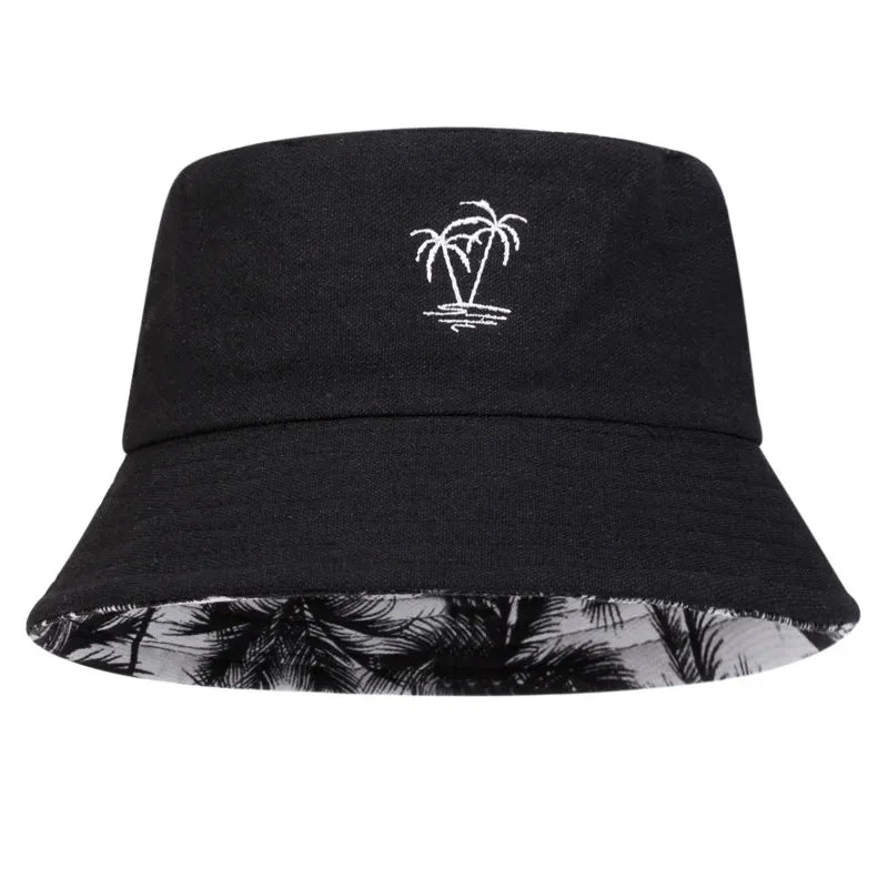Unisex Coconut Tree Embroidery Double Sided Wearing Bucket Hats