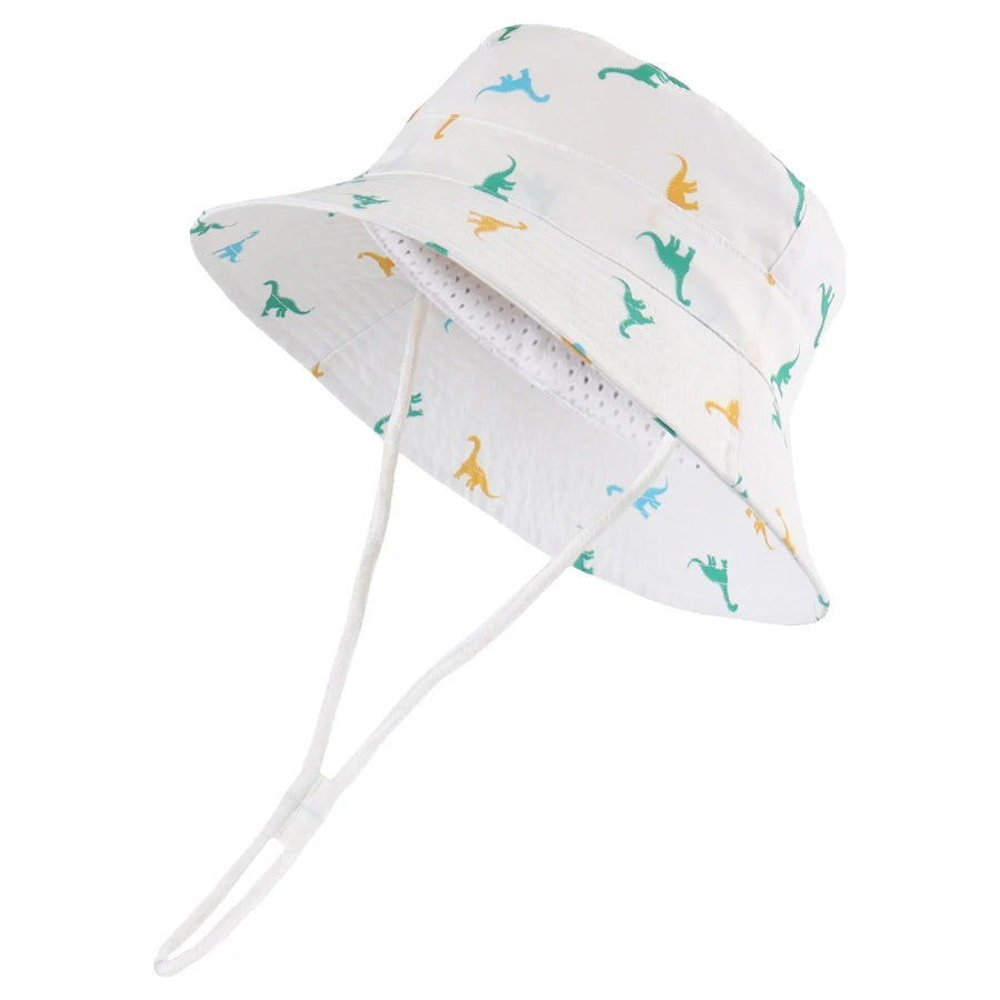 Dinosaur Wide Brim Summer Outdoor Hat Cotton Bucket Hat With Chin Strap