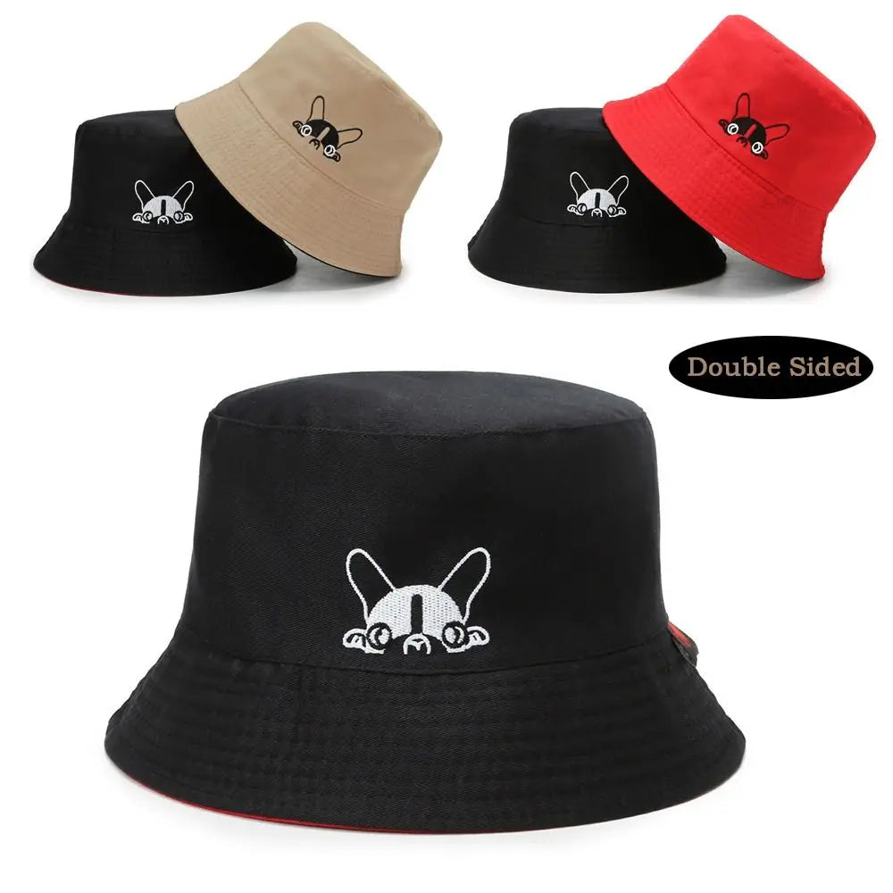 Portable Double-sided Wear Bucket Hat Cute Dog Embroidered Japanese Style