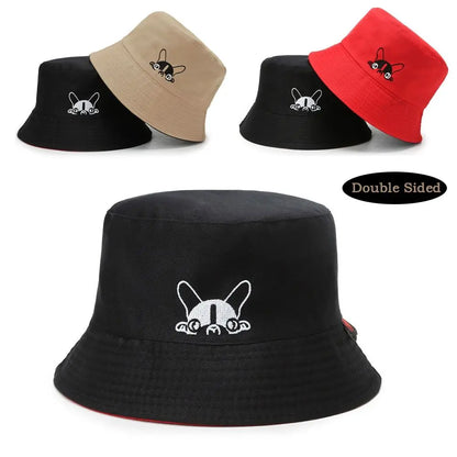 Portable Double-sided Wear Bucket Hat Cute Dog Embroidered Japanese Style