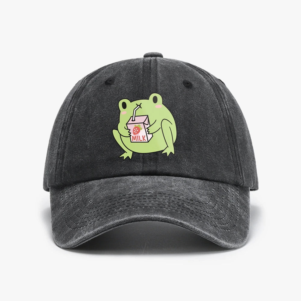 Cute Strawberry Milk Frog rint Washed Baseball Cap