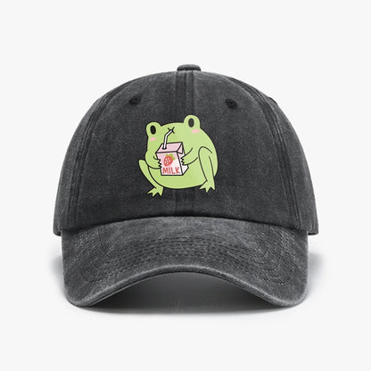 Cute Strawberry Milk Frog rint Washed Baseball Cap