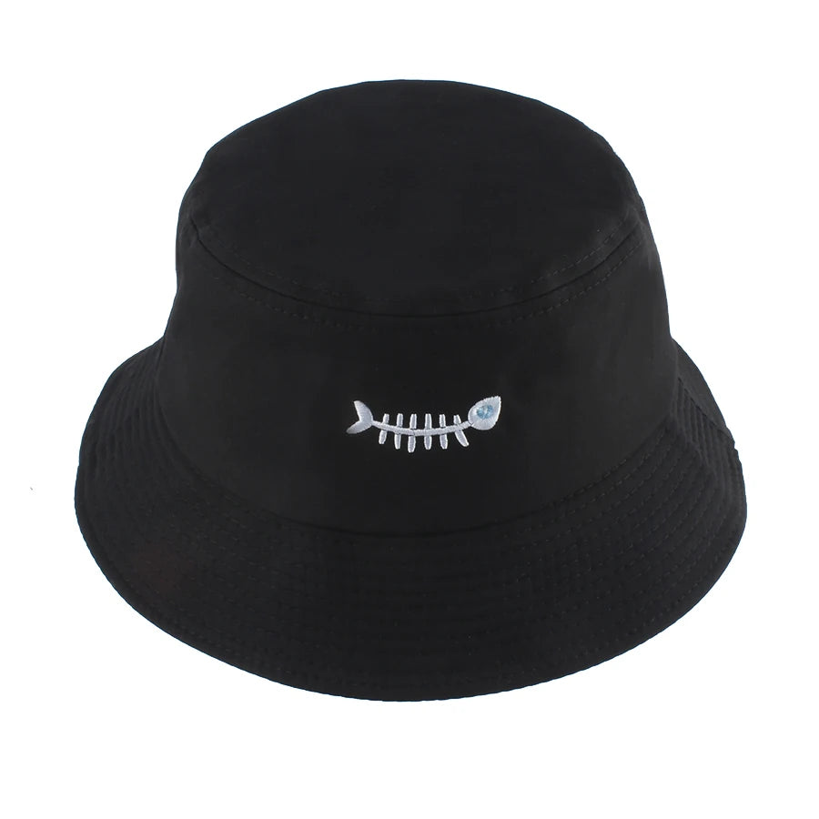 Fashion Street Hip Hop Bucket Hat Women Men Summer Fish Bone Embroidered