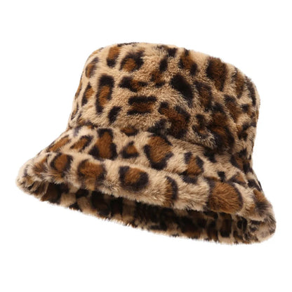 Versatile Korean Style Leopard Print Bucket Hat Winter Warm Hat For Girls