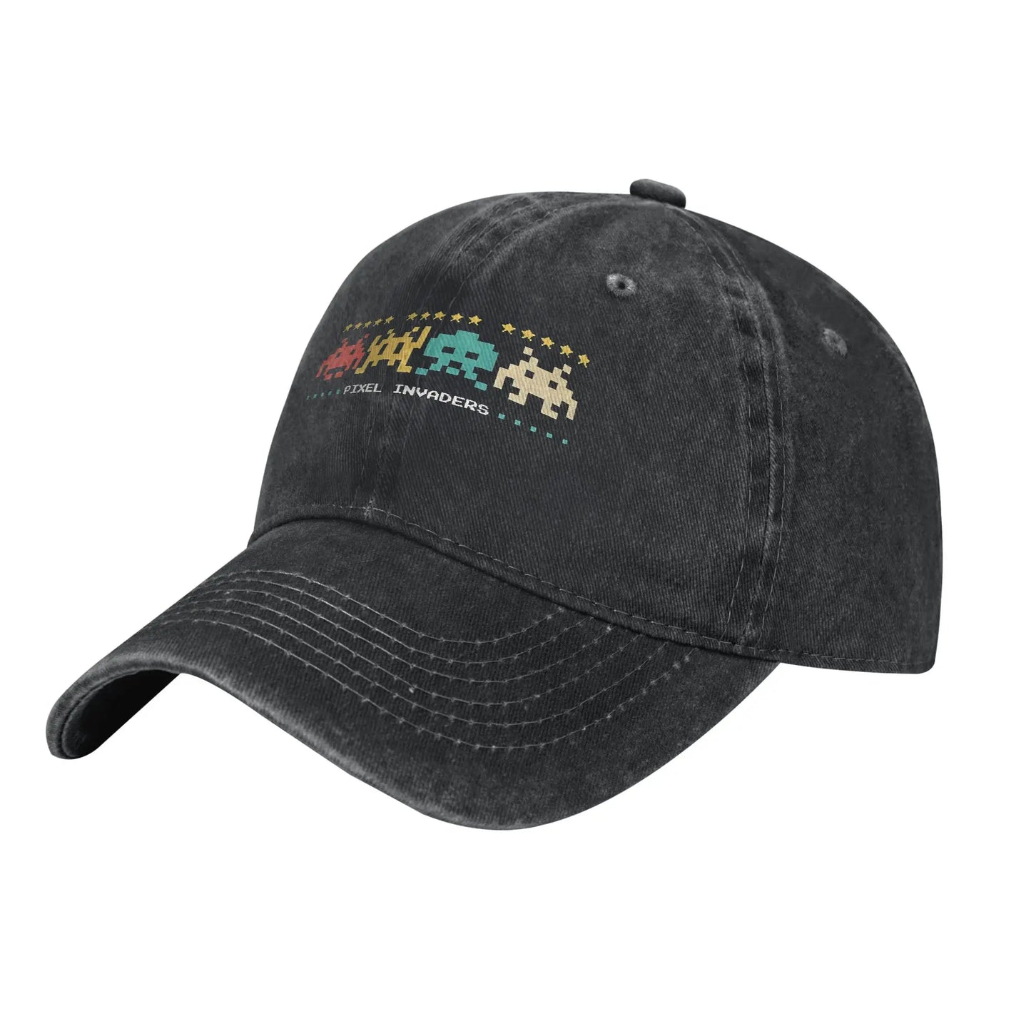 Space Invaders Baseball Caps Retro Pixel Space Invaders Distressed Cotton Cap
