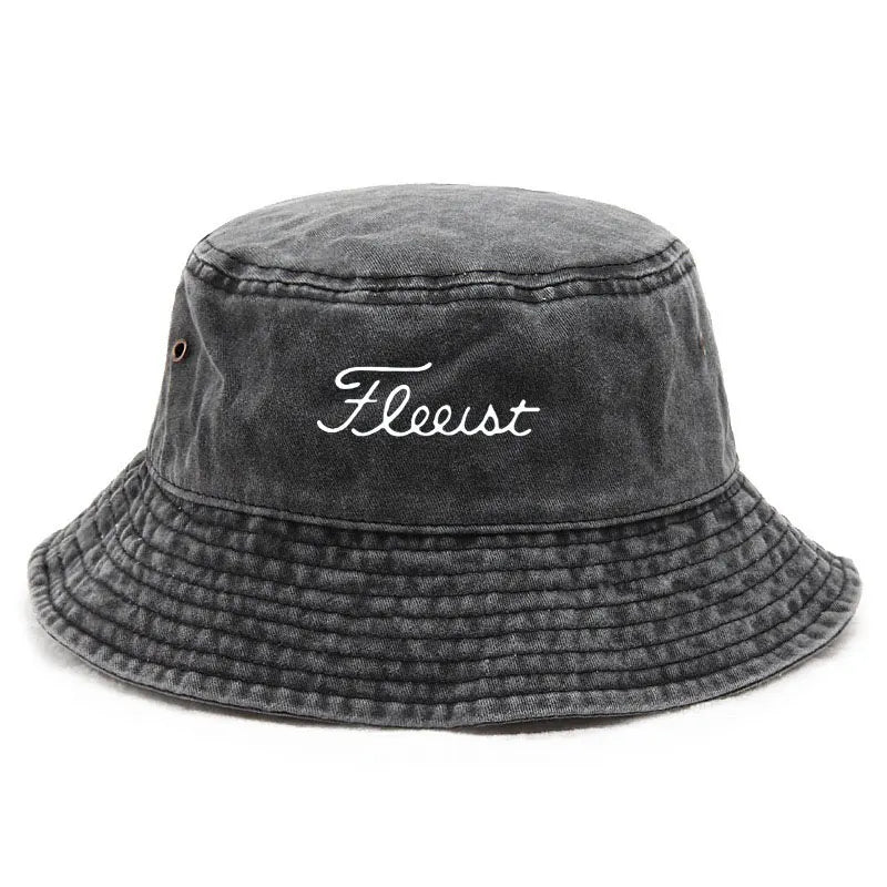 Vintage Washed Bucket Hat Fish Logo Sun Protection Outdoor Casual Hat