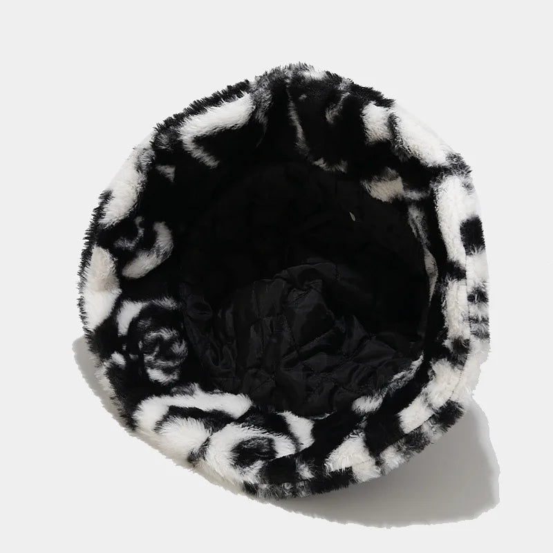 Panda Print Faux Fur Bucket Hat Winter Cap For Women Men
