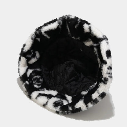 Panda Print Faux Fur Bucket Hat Winter Cap For Women Men