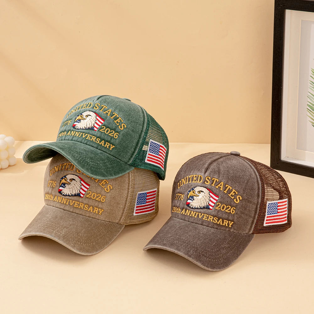 United States 250th Anniversary 1776-2026 Bald Eagle Embroidered Washed Mesh Baseball Cap