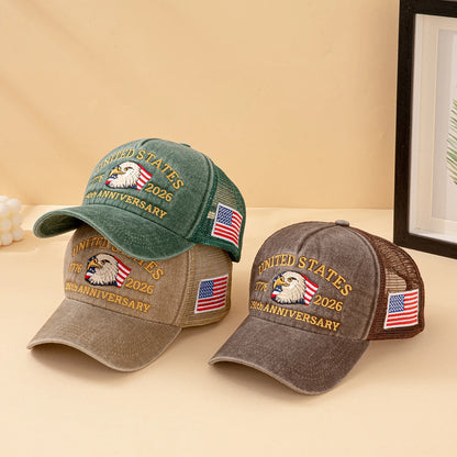United States 250th Anniversary 1776-2026 Bald Eagle Embroidered Washed Mesh Baseball Cap