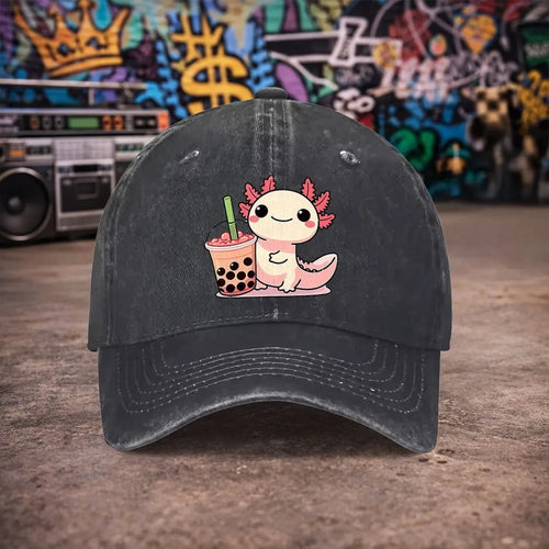 Cute Axolotl Bubble Tea Vintage Washed Baseball Cap