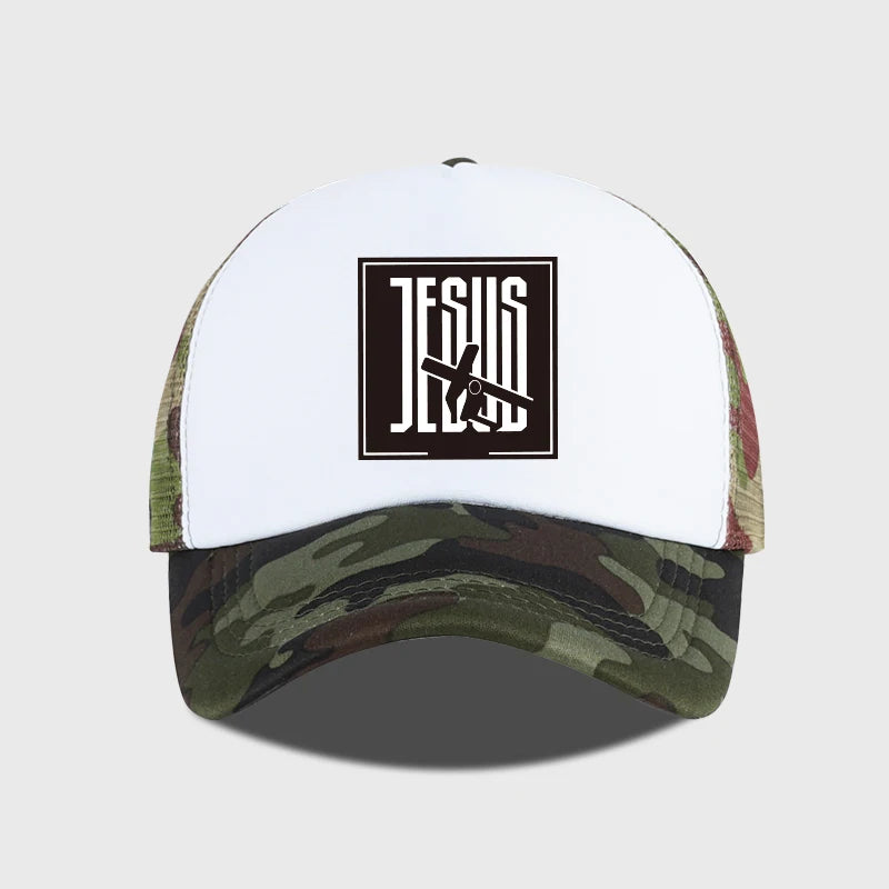 JESUS Cross-Print Sponge Mesh Cap Baseball Cap