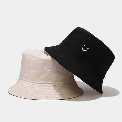Unisex Bucket Hat Smile Face Embroidery Double Sided Wear Visor Cap