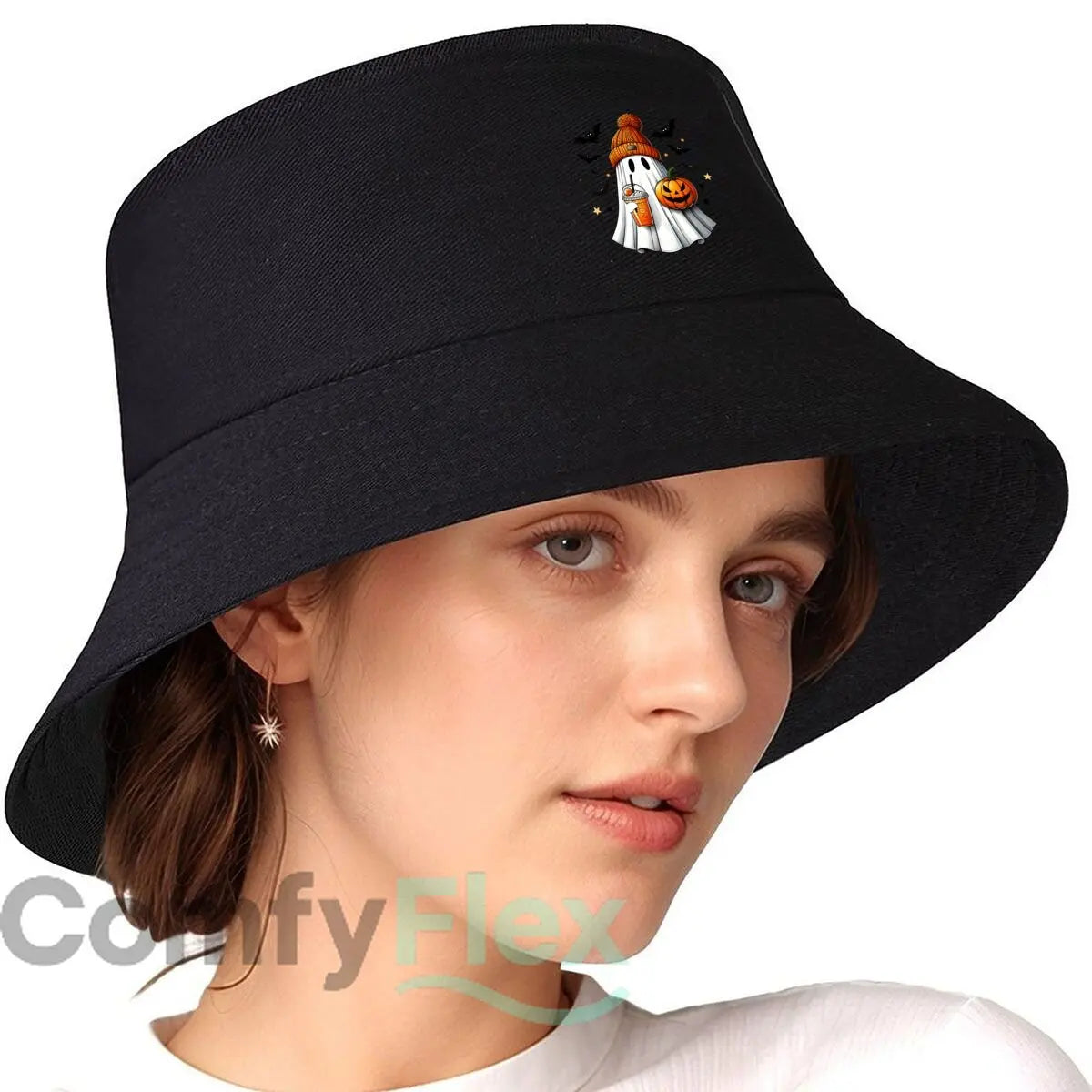 Cute Halloween Ghost With Knitted Beanie Pumpkin And Bubble Tea Bucket Hat